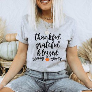 Thankful Grateful Blessed Thanksgiving Tee Cute Graphic Tee Pumpkin Shirt